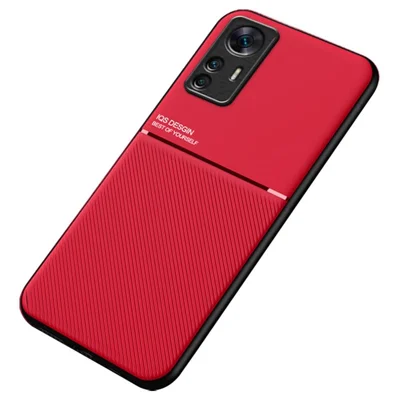 Mobile Phone Protector for Xiaomi 12T 5G / Redmi K50 Ultra 5G, Lines Imprinted PU Leather+TPU Hybrid Shell with Built-in Metal Sheet - Red