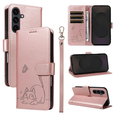 Samsung Galaxy S25 FE hoesje met patroon van gelukskat in leer met handtekening - Roze goud