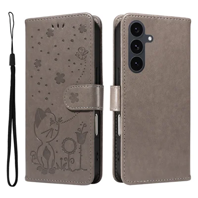For Samsung Galaxy S25 FE Leather Wallet Case Cat Bee Pattern Phone Cover Stand - Grey
