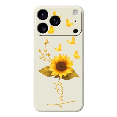 Voor iPhone 17 Pro-hoesje met gouden vlinder en zonnebloemmotief Rechte rand TPU-telefoonhoes - Beige