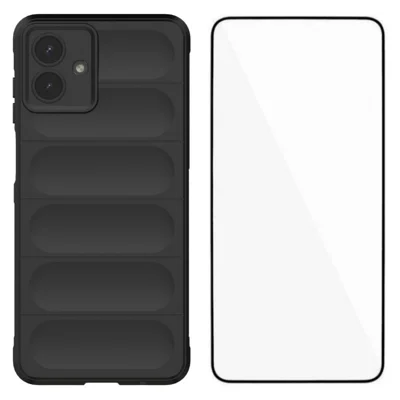 WANLONFENG For Samsung Galaxy A08 4G / A07 4G TPU Case  HD Series Anti Slip Phone Cover with Tempered Glass - Black