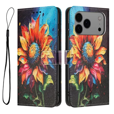 For iPhone 18 Pro Max / 17 Pro Max Wallet Case Pattern Printing PU Leather Phone Cover with Lanyard - Sunflower
