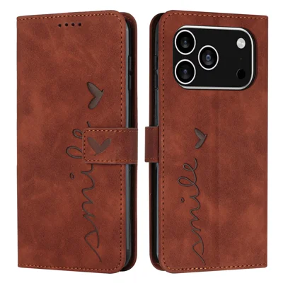 For iPhone 18 Pro / 17 Pro Stand Case PU Leather Phone Cover Imprinted Heart Pattern - Brown