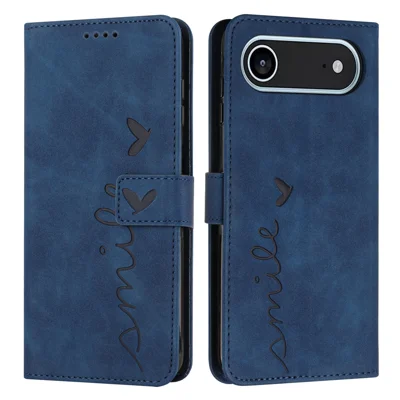 For iPhone Air Stand Case PU Leather Phone Cover Imprinted Heart Pattern - Blue