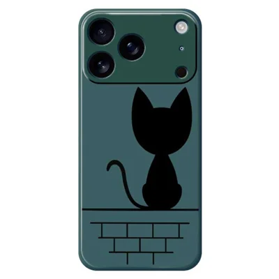 Voor iPhone 17 Pro hoesje met patroon van zwarte kat op de muur Rechte rand TPU telefoonhoesje - Groen