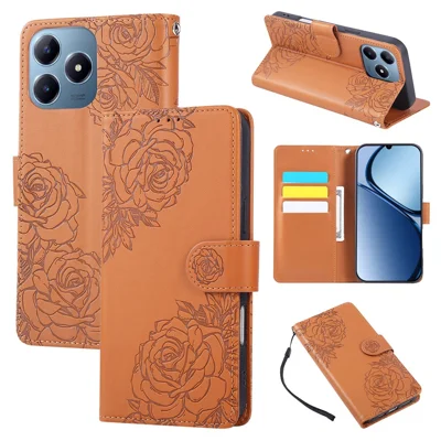 Phone Case For Realme C63 4G / C61 4G / Narzo N63 4G / C65s , Rose Flower PU Leather Wallet Cover with 3 Card Slots / Wrist Strap - Brown