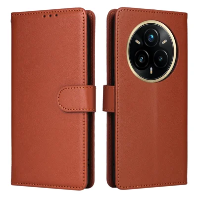 Foam Realme 14 Pro 5G Hoesje Portemonnee Stand View PU Leren Telefoonhoesje met Polsbandje - Bruin