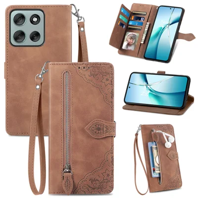 For Motorola Moto G56 5G Zipper Wallet Case with Strap Flower Imprint PU Leather Phone Cover - Brown