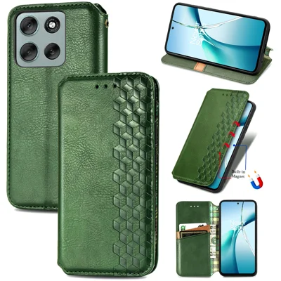 For Motorola Moto G56 5G Case Rhombus Imprint PU Leather Wallet Phone Cover - Green