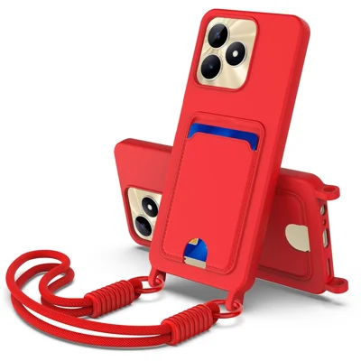 Liquid Silicone Case For Realme Narzo N53 4G  /  C53 (Global)  /  (India)  /  C51  /  Note 50 4G Card Holder Phone Back Cover with Short Strap - Red
