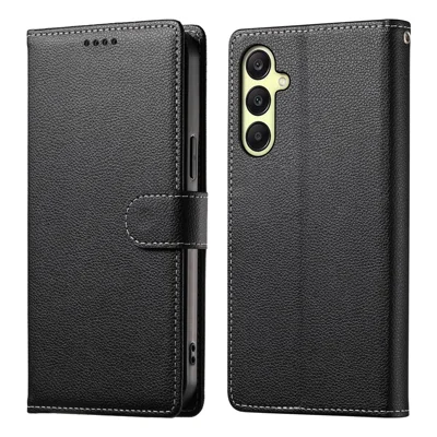 For Samsung Galaxy A18 5G / A18 4G / A17 5G / A17 4G / A26 5G Case Magnetic Snap Litchi Texture Leather Wallet Phone Cover with Wrist Strap - Black