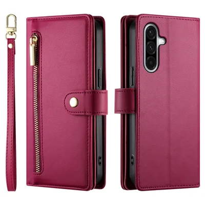 Zippervak Portefeuille Hoesje van Leder met Riemen voor Samsung Galaxy A17 5G / A17 4G / A26 5G - Rood