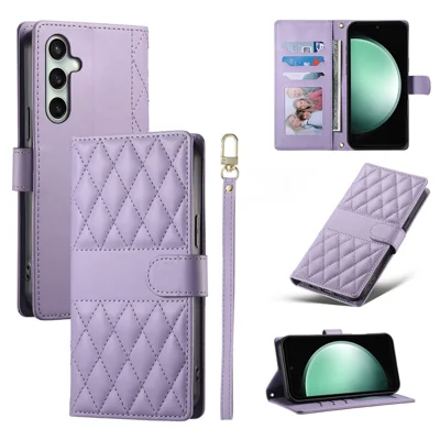 Til Samsung Galaxy S25 FE Etui med Rombe-stiks Lommebog Stået Læder Telefonbeskyttelse med Lang / Kort Rem - Lilla
