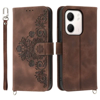 For Oppo A5x 5G  /  4G Case Flower Pattern PU Leather Wallet Phone Cover with Strap - Brown