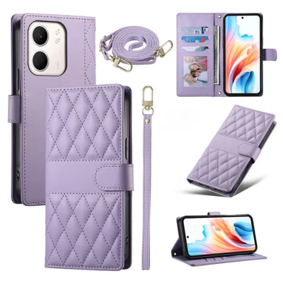 For Oppo A5x 5G  /  4G Case Rhombus Stitching Wallet Stand Leather Phone Cover with Long  /  Short Strap - Purple
