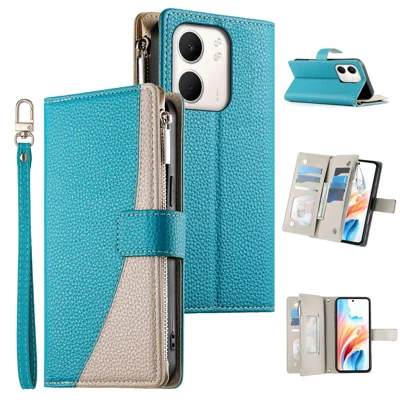 For Oppo A5x 5G  /  4G Case Zipper Wallet Color Splicing Leather Flip Phone Cover with Straps - Lake Blue
