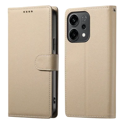 Voor Oppo Reno14 F 5G hoesje Magnetische sluiting Litchi-structuur Lederen portemonnee hoesje met polsbandje - Oker