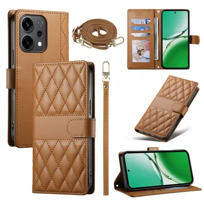 Voor Oppo Reno14 F 5G hoesje Ruitvormige steekportemonnee standaard lederen telefoonhoes met lange / korte draagband - Bruin