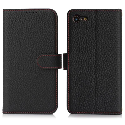 For iPhone SE (2022)  /  (2020)  /  8  /  7 Stand Case Litchi Texture Genuine Cow Leather Wallet Phone Cover RFID Blocking - Black  /  Red
