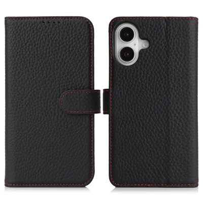 For iPhone 16 Stand Case Litchi Texture Genuine Cow Leather Wallet Phone Cover RFID Blocking - Black  /  Red