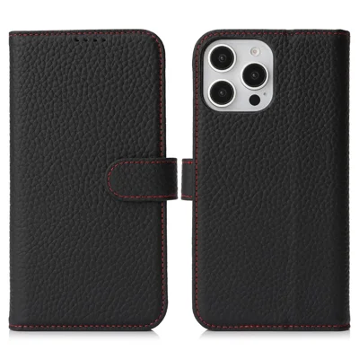 For iPhone 16 Pro Max Stand Case Litchi Texture Genuine Cow Leather Wallet Phone Cover RFID Blocking - Black  /  Red