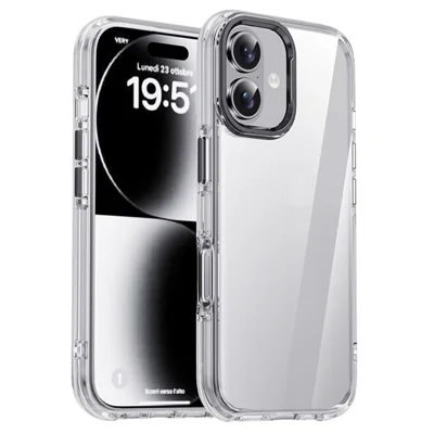 IPAKY For iPhone 17 Clear Case Metal Lens Frame Shockproof TPU Phone Cover - Black
