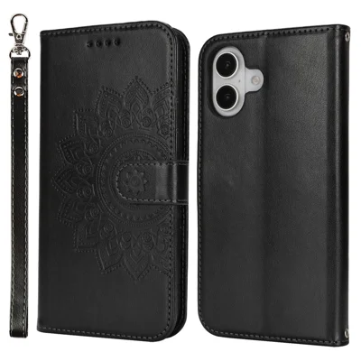 For iPhone 16 Stand Case Textured Leather Wallet Phone Cover with Strap - Black