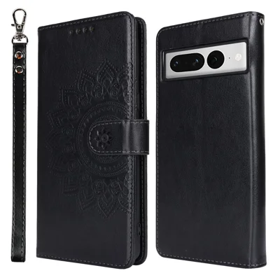 For Google Pixel 7 Pro 5G Case Textured Leather Wallet Phone Cover with Strap - Black