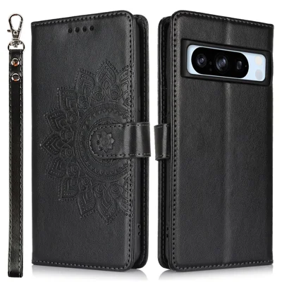 For Google Pixel 8 Pro Case Textured Leather Wallet Phone Cover with Strap - Black