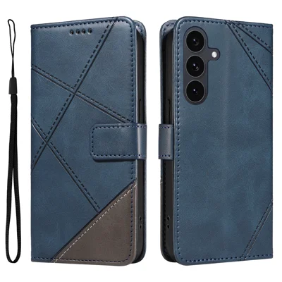 Voor Samsung Galaxy S25 FE Leren Hoesje met Geometrische Lijn Design Portemonnee Hoes met Polsbandje - Blauw