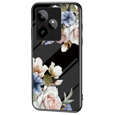 For Realme GT 7 5G Case Floral Pattern TPU + Tempered Glass Protective Phone Cover - Black Flower Bush