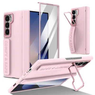For Samsung Galaxy Z Fold6 5G Case Lens Kickstand Hinge Protection PC Phone Cover with Screen Film - Pink