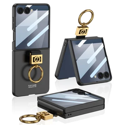 GKK For Samsung Galaxy Z Flip7 5G PC Phone Case with Ring Holder + Tempered Glass Front Screen Film - Black
