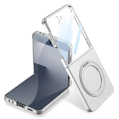 GKK For Samsung Galaxy Z Flip7 5G Case with Screen Film Kickstand Hard PC Phone Back Cover - Silver
