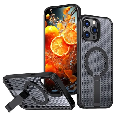 Bulk Purchasing For iPhone 16 Pro Max Magnetic Case Kickstand TPU + PC Heat Dissipation Phone Cover - Black