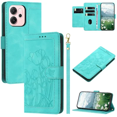 For Oppo Reno14 F 5G Case Tulip Leather Phone Cover with 5 Card Slots Wallet - Green