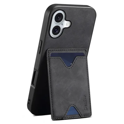 DENIOR For iPhone 17 Case Card Holder Kickstand Leather + PC + TPU Phone Cover - Black