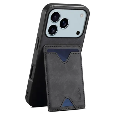 DENIOR voor iPhone 17 Pro Max hoesje met kaarthouder en standaard Lederen + PC + TPU telefoonhoes - Zwart
