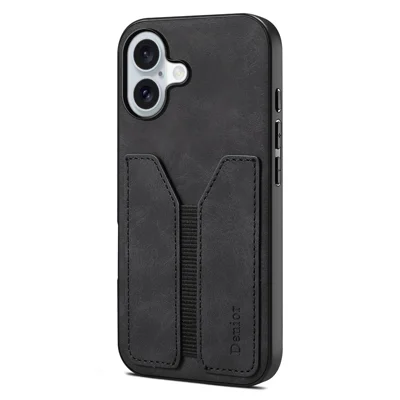 DENIOR For iPhone 17 Case Elastic Card Holder PU Leather + TPU + PC Phone Cover - Black