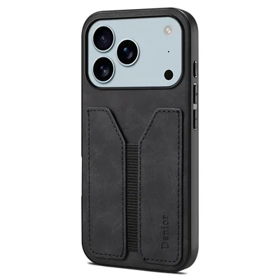 DENIOR For iPhone 17 Pro Case Elastic Card Holder PU Leather + TPU + PC Phone Cover - Black