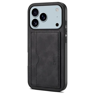 DENIOR For iPhone 18 Pro / 17 Pro Case Card Holder Kickstand Leather Phone Back Cover - Black