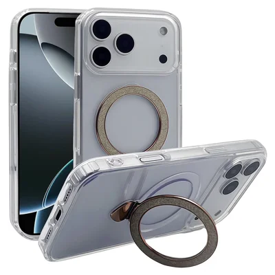 For iPhone 18 Pro / 17 Pro Case TPU + Acrylic Clear Phone Cover with Glitter Ring Kickstand - Gold