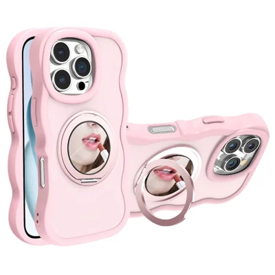 For iPhone 16 Pro Max Magnetic Case Wave Edge TPU + Acrylic Phone Cover with Mirror Kickstand - Pink
