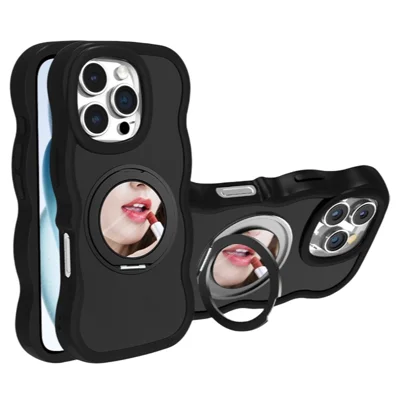 For iPhone 16 Pro Magnetic Case Wave Edge TPU + Acrylic Phone Cover with Mirror Kickstand - Black