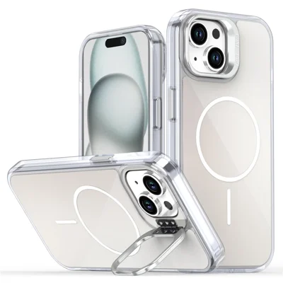 For iPhone 15 Case Compatible with MagSafe TPU + Acrylic Gradient Phone Cover with Kickstand - White