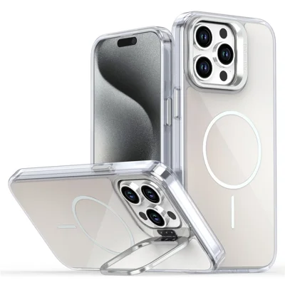 For iPhone 15 Pro Max Case Compatible with MagSafe TPU + Acrylic Gradient Phone Cover with Kickstand - White