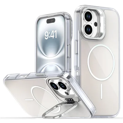 For iPhone 16 Case Compatible with MagSafe TPU + Acrylic Gradient Phone Cover with Kickstand - White