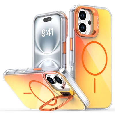 For iPhone 16 Case Compatible with MagSafe TPU + Acrylic Gradient Phone Cover with Kickstand - Orange