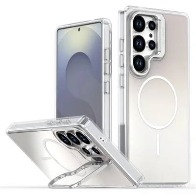 For Samsung Galaxy S23 Ultra Magnetic Case TPU + Acrylic Gradient Phone Cover with Kickstand - White