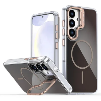 For Samsung Galaxy S24 Magnetic Case TPU + Acrylic Gradient Phone Cover with Kickstand - Desert Gold
